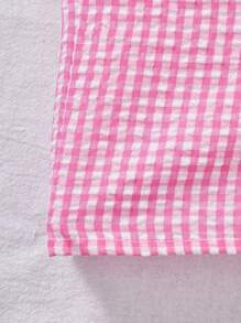 Genkimix Kids Girl's Plaid Print Square Neck Casual Short Sleeve Jumpsuit Girls Checkered Romper Pink Gingham Romper Girls Summer Romper Toddler Girl Romper Girls Puff Sleeve Romper Fall Winter