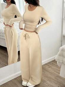 SHEIN EZwear Apricot Women Casual Pleated Crop Top & Wide-Leg Drawstring Waist Pants Set,Fall
