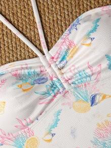 SHEIN Swim 全新多色随机印花海洋风格荷叶边可拆卸项链/抽绳设计比基尼上衣和系带侧三角比基尼下装，女式夏季度假泳衣套装 - 彩色 - 查看 5