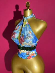 Slaydiva 女士花卉印花拼布亮片露背罩衫，适合度假、乡村音乐会穿着