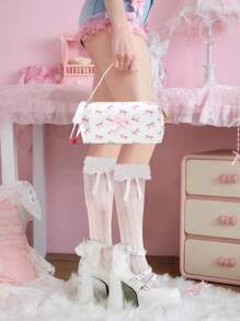 ROMWE Kawaii Tas Kosmetik Organizer dengan Hiasan Pita Mutiara, Dompet Resleting dan Rantai Mutiara - MultiWarna - View 4