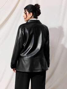 SHEIN MOD 大码女式黑色百搭PU皮夹克，复古前卫机车休闲宽松长袖皮夹克，宽松H型短款PU夹克，秋冬 - 黑色 - 查看 5