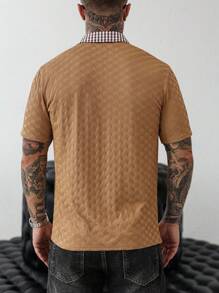 Manfinity Homme Men's Summer Casual Plaid Panel Polo Shirt Brown Polo Shirts For Men Brown Tops For Men Men Brown Textured Polo Shirt Men Casual Brown Shirt Polo Shirts With Patterned Collar - Multicolor - View 2