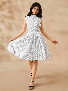 2pcs/Set Teen Girls Polka Dot Bow Tie Sleeveless Top + A-Line Polka Dot Print Waist Pleated Dress, Elegant Outfit For Teenage Flower Girl, Bridesmaid, Birthday Party, Gatherings