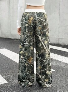 SHEIN Teen Girls Green Dried Leaf Print Waistband Contrast Trim Loose Pants, Casual Fall Winter - Multicolor - View 2