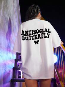 SHEIN Unity Butterfly & Letter Graphic Drop Shoulder Oversized Tee Graphic Tees Women Tops - White - View 1