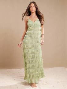 L'Amorae 纹理荷叶边吊带夏季长裙 - 綠色 - 查看 4