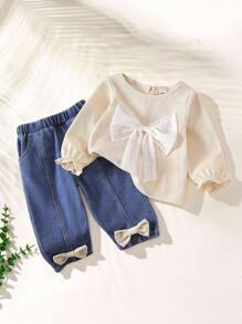 SHEIN Baby Mädchen Set aus Langarm Top und Hose mit Schleifen Dekor, minimalistischer Stil