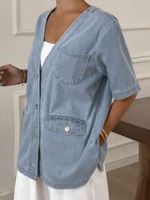 Livesso 女士V领短袖宽松休闲牛仔夹克 - 藍色 - 查看 5