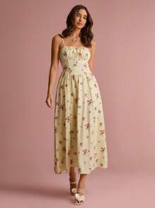 Enchnt Summer Romantic Women's Elegant Butter Yellow Ditsy Floral Spaghetti Strap Casual Midi Dress, Suitable For Vacation,Sweet&Elegant For Vacation&Date&Holiday&Party&Graduation&Wedding Guest&Beach,Prom Dress,Summer Dresses For Women,Summer Clothes, ,Elegant Dresses For Party,Bohemian Clothes - Pink - View 5