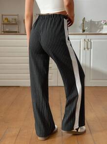 SHEIN Pantalones anchos casuales de mujer con tejido de punto, de unicolor, con contraste en los lados, de corte holgado y cómodo para fin de semana y ocio