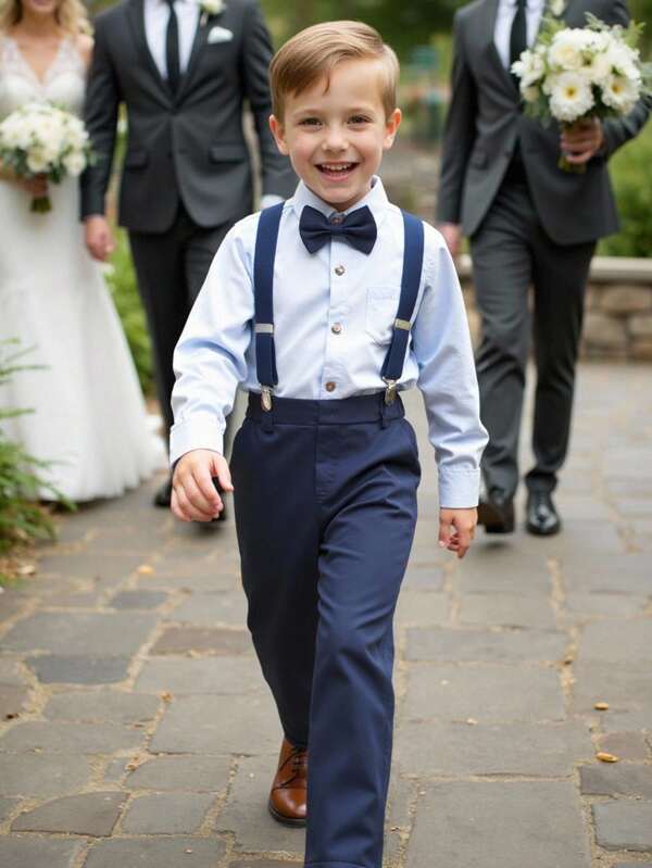 SHEIN 2pcs Boys Suits, Solid Color Long Sleeve Shirt And Navy Blue Suspender Pants, Elegant Bow Tie, Fashionable Gentleman Outfit, Suitable For Daily, Festivals, Birthday Party, Evening Party, Wedding, Christening, Back To School