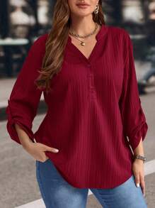 EMERY ROSE 加大码纯色缺口领卷袖休闲衬衫，冬季服装