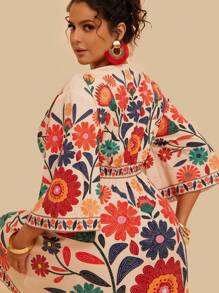 Travachic Damen Große Größen V-Ausschnitt Locker Sitzend Tropisches Blumen Muster Mini kleid Mit 3/4 Ärmeln, Lässige Resort Mode