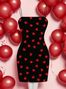 SHEIN EZwear 女士情人节细肩带连衣裙：黑色和红色心形印花迷你细肩带连衣裙 - 彩色 - 查看 1