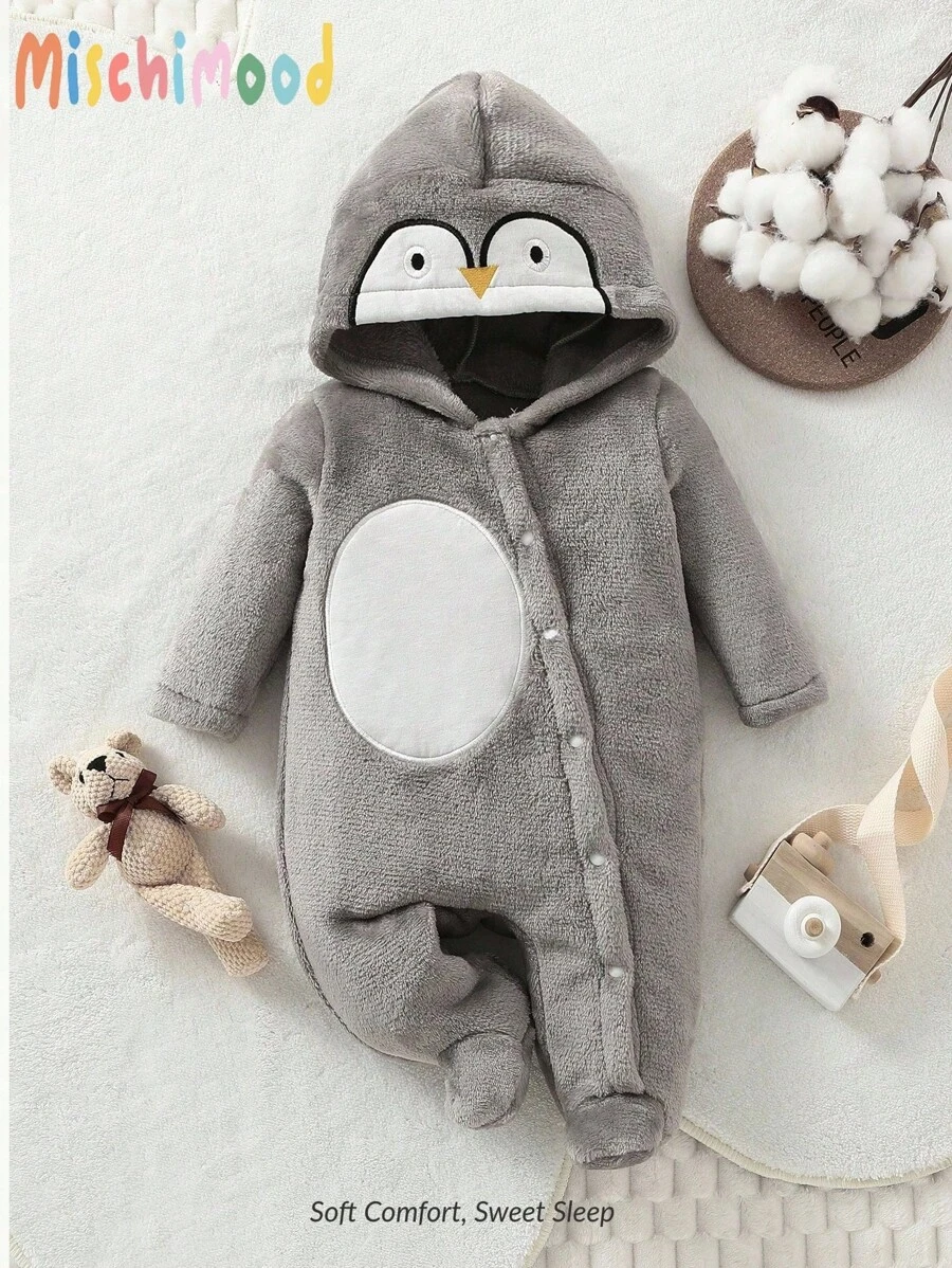 SHEIN 1 pieza Mono de manga larga con capucha con bordado de pingüino elegante y lindo para niños pequeños - Gris - Ver 1