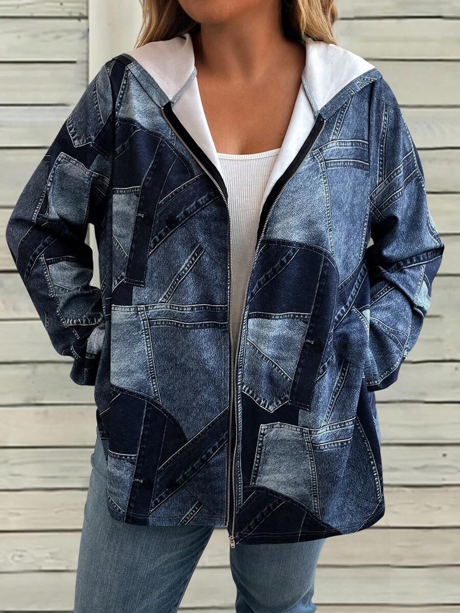 SHEIN LUNE Winter Clothes Plus Size Autumn Casual Patch & Printed Blue Zip Up Hoodie Coat With Pockets Denim Print Jacket - Navy Blue - View 1
