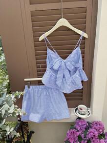 Comfortcana Bộ 2 áo ba lỗ họa tiết răng sói và quần short, trang phục ngày lễ giải trí - Màu xanh lam - Xem 2