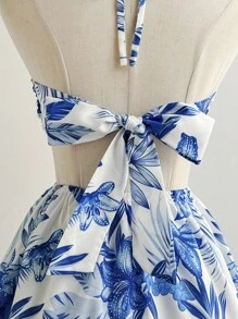 Soleia 女士热带植物印花露背性感迷你连衣裙