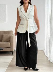 SHEIN LUNE Plus Size Summer Elegant Commuter Vest Wide Leg Pants Two Pieces Set - Apricot - View 7