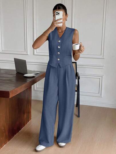 Siren Gaze V-ringad väst med knappar framtill och byxor elegant damkostym för höst/vinter