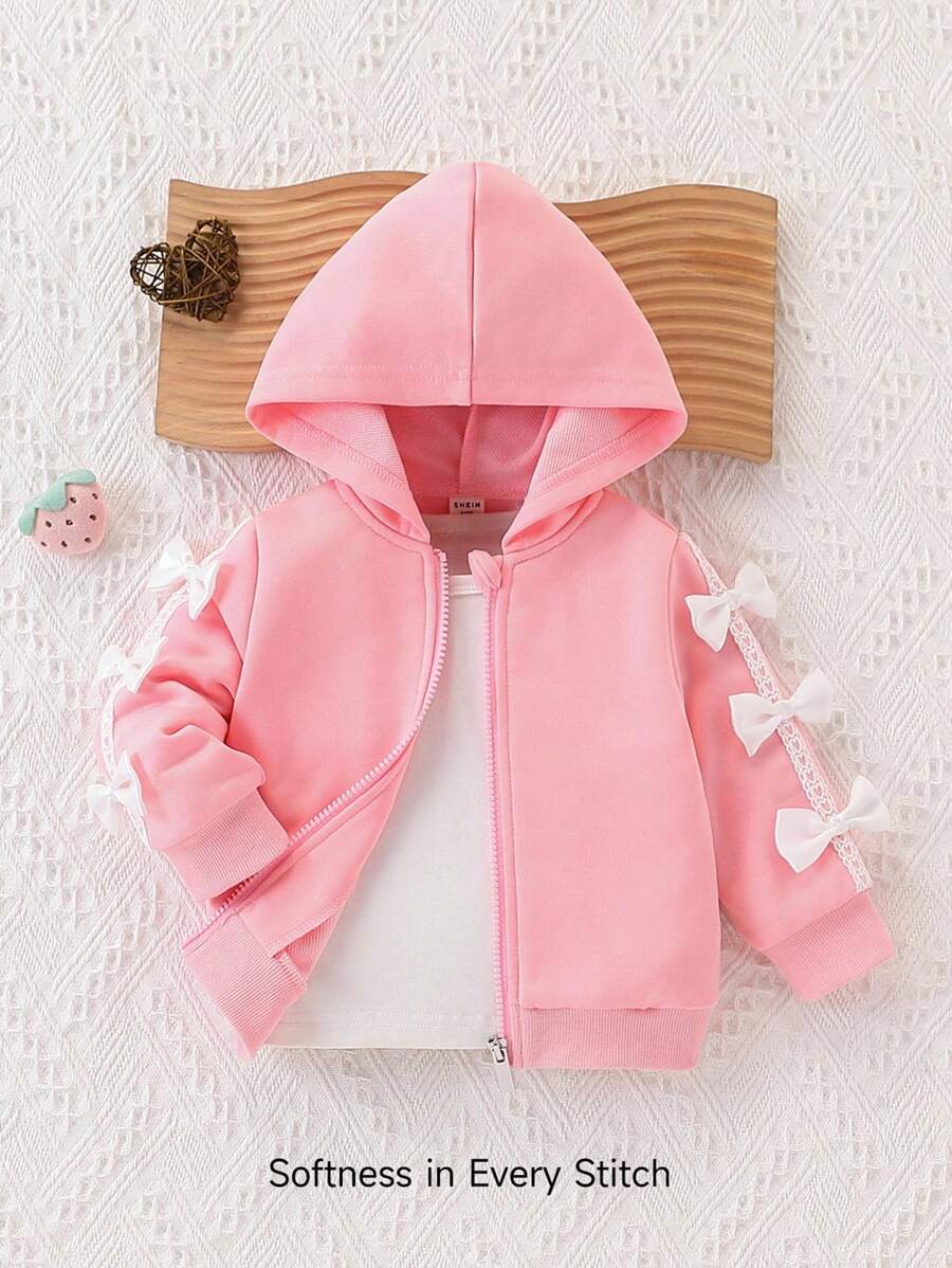 SHEIN Playful Pals Aby Girl Spring&Autumn Casual Style Toddler Jacket Long Sleeve Bowknot Decoration Hooded Top