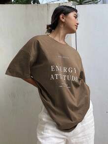 Livesso Women Loose Fit Short Sleeve T-Shirt With Letter Print And Round Neck For Summer Keep Smiling ENERGY ATTITUDE See The Good Time For Happiness Oversized T-Shirt