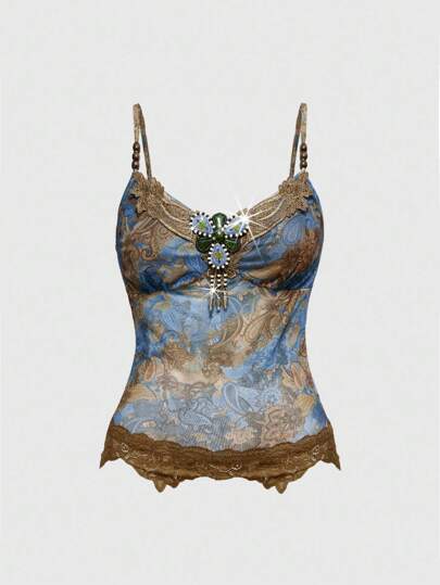 Camiseta sin tirantes de mujer con decoración de cuentas de madera estilo hippie vintage, patchwork de encaje y estampado de paisley