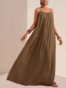 Zivah 2025年夏季新品 音乐节,复活节,圣帕特里克节,西部风,游牧风,生日派对,毕业典礼,学生装,休闲日常装,百搭搭配,休闲,度假,邮轮旅行,海滩,日光浴,时尚,细肩带,可调节扣,垂直纹理,宽松版型,卡其色女装 - 棕色 - 查看 7