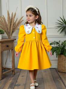 Young Girls' Spring/Summer Embroidery Ruffle Collar Puff Sleeve Design Dress, Suitable For School, Daily Wear And Vacation