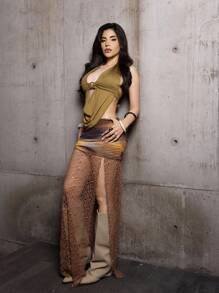 Steff Loaiza Concert Outfit Women Western Wear Boho Knitted Mesh Printed Side Slit Skirt For Women