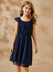 Girls Elegant Minimalist Scoop Neck Sleeveless High Waist Short Chiffon Floral Dress, Navy Blue