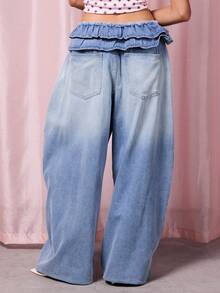 COUREZ 宽松气球牛仔裤，荷叶边裤脚/Y2K夏季女装下装，低腰牛仔裤 - 淺色水洗藍 - 查看 6