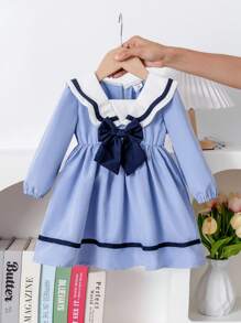 Baby Girl Sailor Collar Long Sleeve Dress With Bow Decor - Baby Blue - View 1