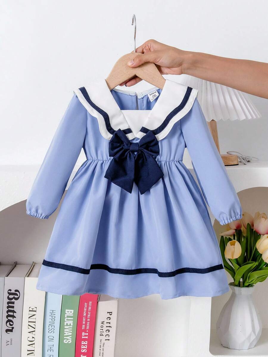 Baby Girl Sailor Collar Long Sleeve Dress With Bow Decor - Baby Blue - View 1