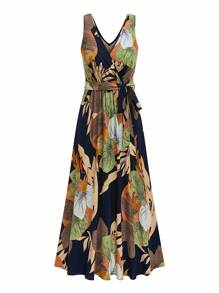 SHEIN LUNE Plus Size Allover Print V-Neck Belted Sleeveless Dress - Royal Blue - View 1