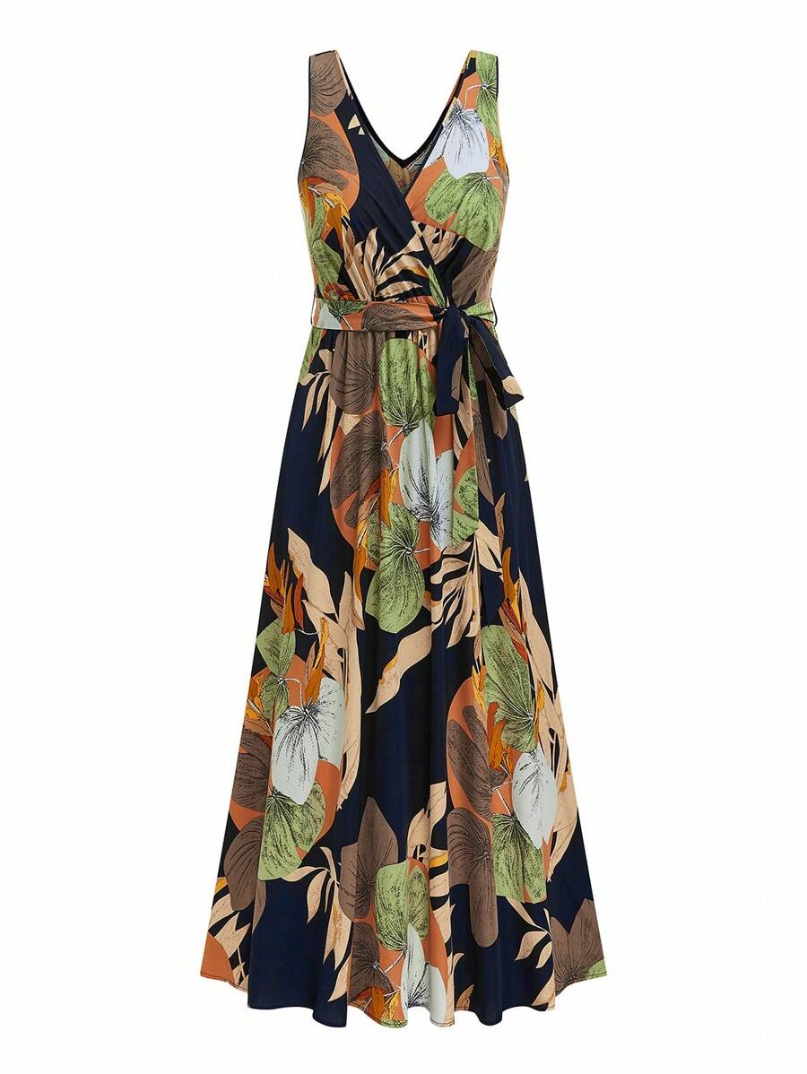 SHEIN LUNE Plus Size Allover Print V-Neck Belted Sleeveless Dress - Royal Blue - View 1