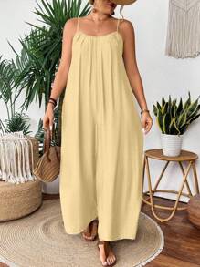 SHEIN Holidaya Plus Size Summer Solid Color Pleated Loose Slant Pocket Sleeveless Jumpsuit Summer Jumpsuit For Women Wide Leg Jumpsuit Women Casual Jumpsuit Halter Jumpsuit