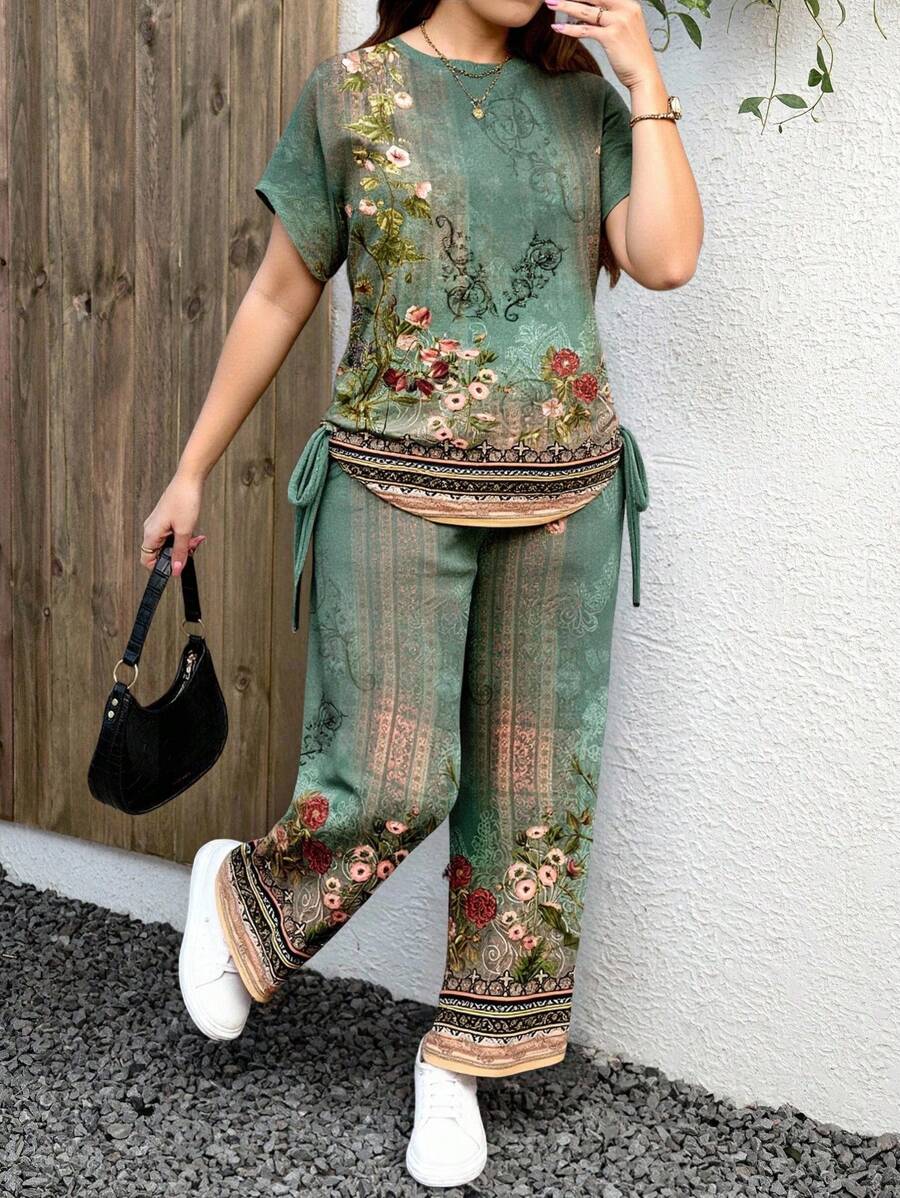 EMERY ROSE 大码女装夏季两件套女士优雅复古欧式花卉复古图案圆领短袖下摆抽绳设计+宽松高腰优雅复古欧式花卉图案