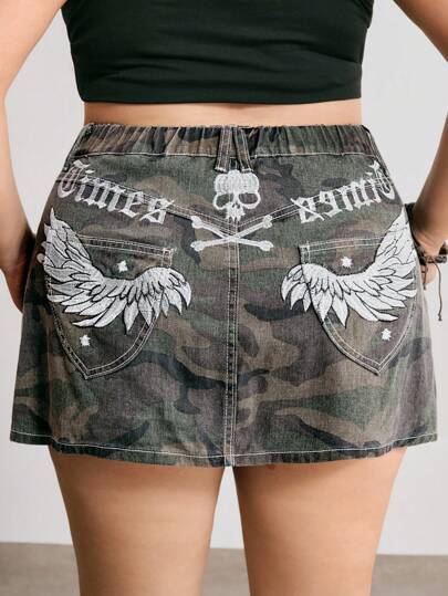 J-Fashion Plus Size Camo Print Winged Letter Embroidered Denim Mini Skirt
