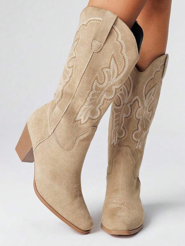 ROMWE Fairycore Women's Cowboy Boots, Khaki Outdoor Casual Fashion One-Touch Embroidery Faux Suede Western Ankle Boots, Spring & Autumn