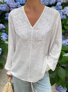 Livesso Blusa elegante de manga larga con cuello en V de unicolor y ajuste holgado, estilo vintage, para otoño