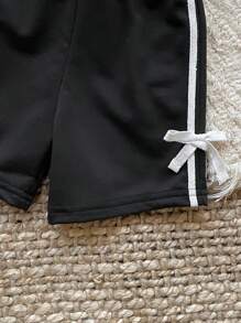 SHEIN 2 件套婴儿/女婴 0-3 岁休闲日常运动外出长袖 T 恤运动衫 + 短裤套装 - 黑色 - 查看 7