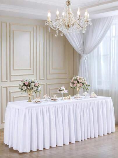 1pc Elegant 6-Inch White Chiffon Table Skirt With Delicate Ruffle Trim, Suitable For Wedding, Bridal Shower, Christening, Anniversary, Birthday Party, Graceful Celebration, Wedding Decor