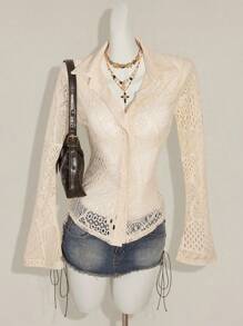 SHEIN ICON Damen neue vintage Spitzen Patchwork asymmetrische figurbetonte Hemd Bluse, Apricot