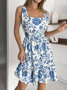 SHEIN VESTIDO LARGO ESTAMPADO EN AZUL Y BLANCO CORTE A PARA EL VERANO
