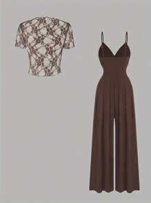 Olithes 女式夏季时尚性感吊带连体裤和全身印花紧身短袖短款上衣，两件套 - 咖啡棕 - 查看 2