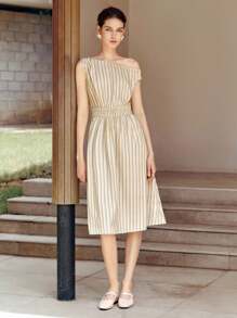 SHEIN Unity Damen beigefarbenes gestreiftes One-Shoulder-Kleid mit Gummizug in der Taille - Verschiedenfarbig - Übersicht 3