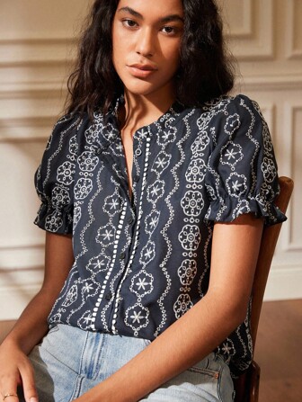 Écloséra 法式复古休闲新款短袖衬衫百搭图案和领女士衬衫纽扣衬衫女乡村音乐会