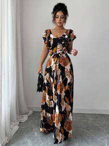 Elenzga Halloween V-Neck Digital Print Vacation Style Ruffle Waist A-Line Elegant Romantic Women Dress